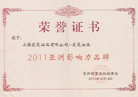 2011亚洲影响力品牌 荣誉证书